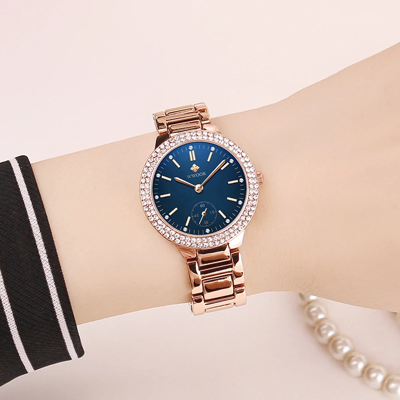 WWOOR 2023 Fashion Blue Women Bracelet Watches Top Brand Luxury Diamond Ladies Dress Wristwatch Rose Gold Montre Femme For Gifts