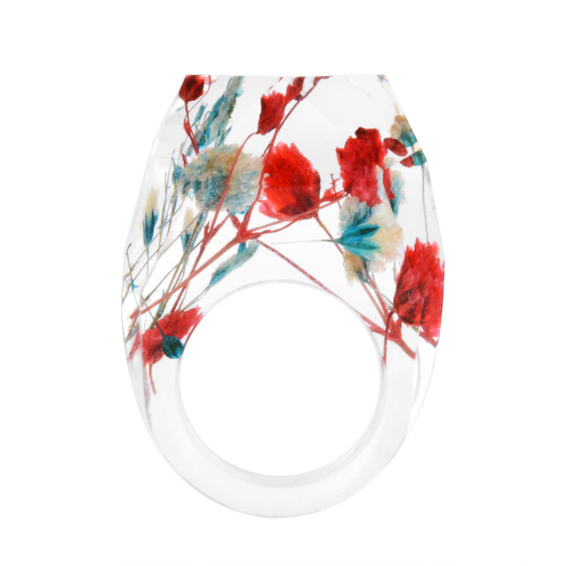 Transparent Forest Handmade Dried Flower Resin Ring Colorful Ink Pattern Scenery for Women Fashion Jewelry Ring