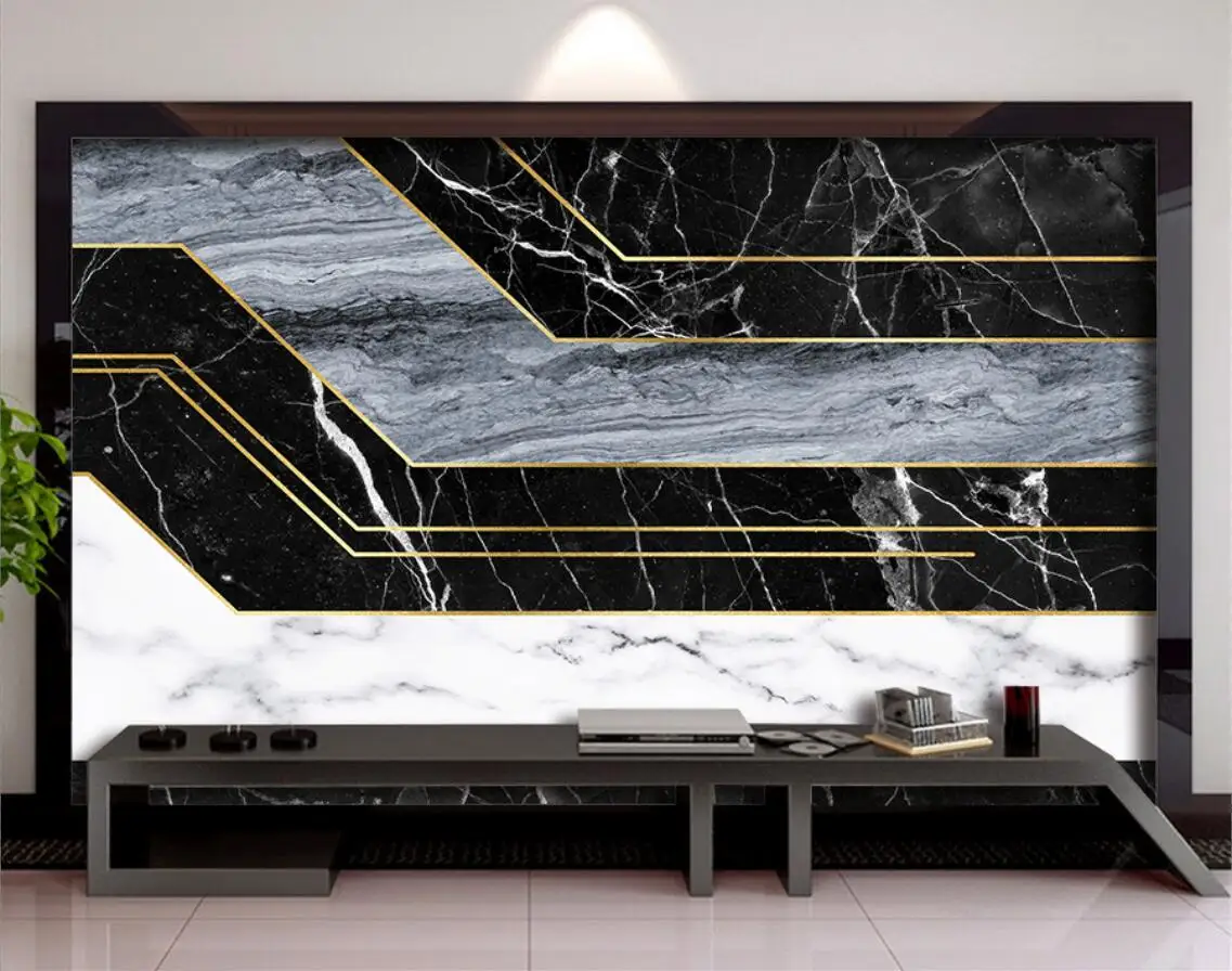 marble golden stripes TV background mural home decoration living bedroom Custom black and white marble wallpaper
