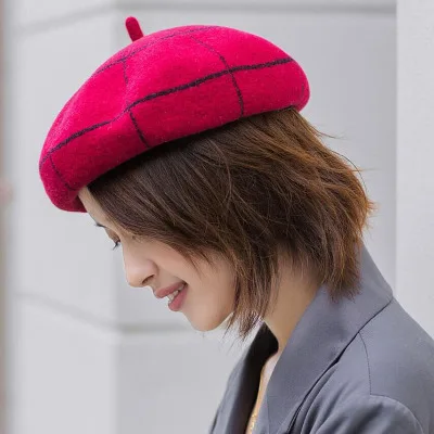 Стиль, Женский Зимний берет, вязаная шерстяная шапка, модная зимняя шапка в полоску, красиво украшенная, двойная тёплая шапка - Color: red
