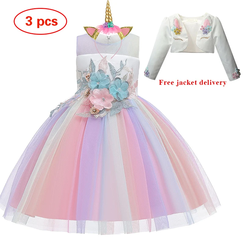 New Elsa Unicorn Dress for Girls Embroidery Ball Gown Baby Girl Princess Birthday Dresses for Party Costumes Children Clothing