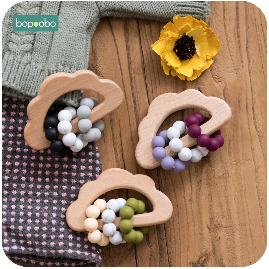 

Bopoobo 1PC Baby Rattle Silicone Beads Bracelet Food Grade Bead Teething Wooden Cloud Rattle Baby Teether NewBorn Baby Products