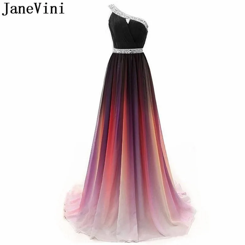 JaneVini Rainbow Gradient Color Prom Dresses Long Beaded One Shoulder Pleated A Line Blue Red Chiffon Women Formal Party Gowns | Свадьбы и