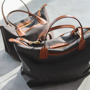 Zipper Tote Bags For Women Nylon With Real Leather Handbag High Quality Single Shoulder Bag 1