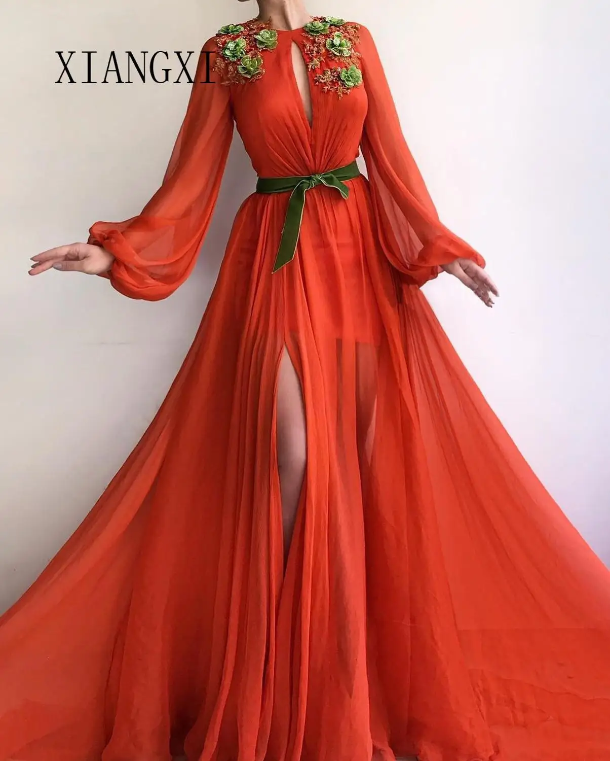 Vestidos de festa оранжевые Вечерние платья Длинные шифоновые трапециевидные с круглым вырезом Длинные рукава с разрезом длина до пола формальное вечернее платье