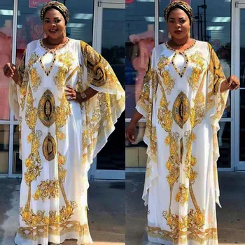 

African Traditional Print Yellow Dresses for Lady Dashiki South Africa Clothes Bazin Ankara Dress V Neck Beading Fashion Robes