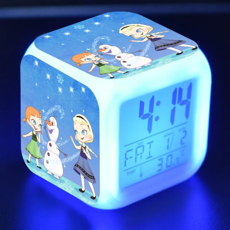 Сказочная принцесса Эльза Анна светодиодный Будильник 7 цветов меняющийся цифровой будильник термометр фигурка игрушка для подарка на Рождество