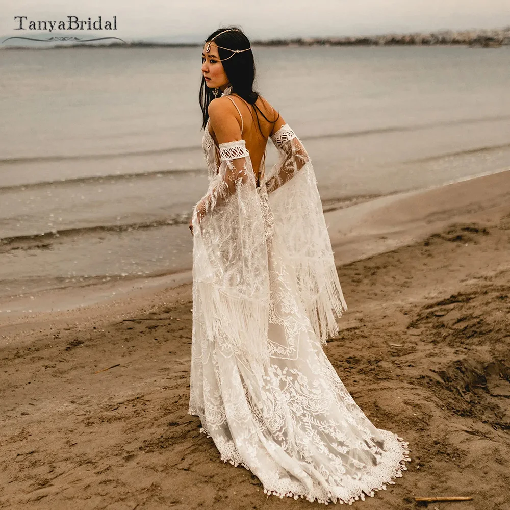 Flare Mouw Boho Gypsy Trouwjurken Een Lijn Kant Romantische