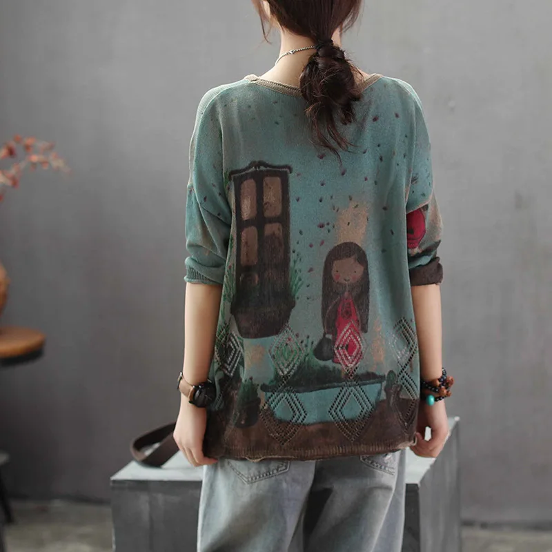 European Women Punk Knitwear Ladies Knitted Cotton Sweaters Autumn Pullovers Vintage Printed Jumper Fashion | Женская одежда