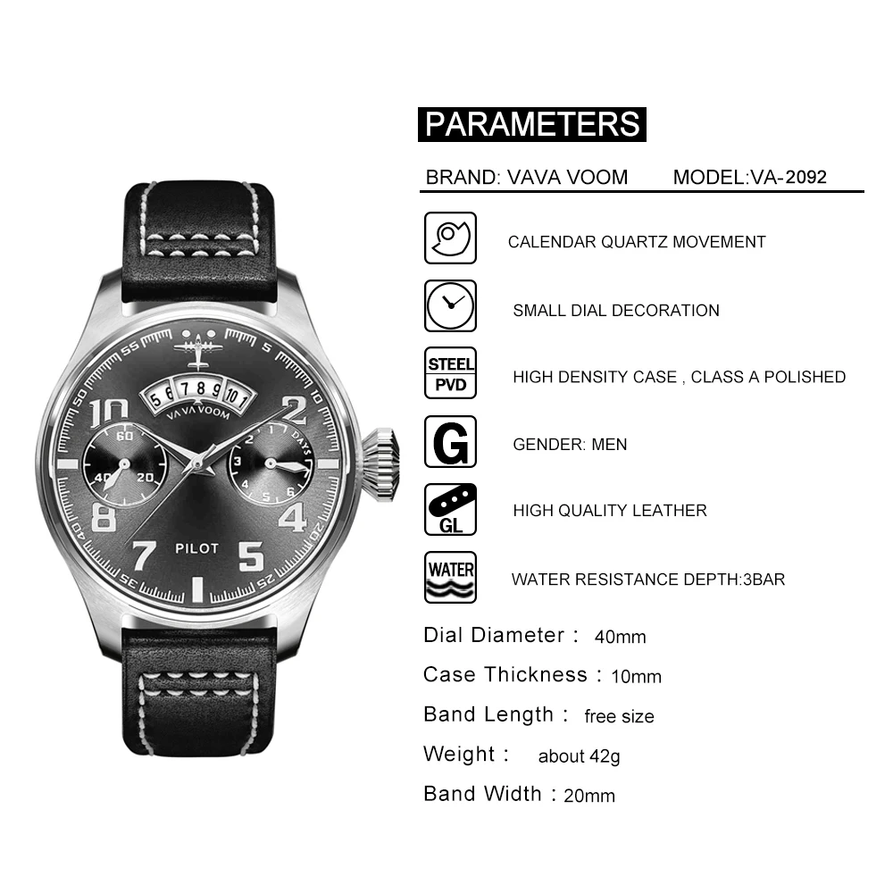 Airplane Sports Military Blue Dial Pilot Calendar Men Wristwatch Chronograph Fashion Casual Brand Army Brown Leather Watches