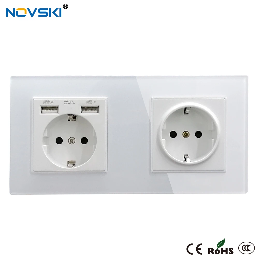 Dual USB 2.1A Hybrid Plug Wall Crystal Glass Panel Power Socket Grounded 16A Quadruple Electrical Socket White, 5 Years Warranty
