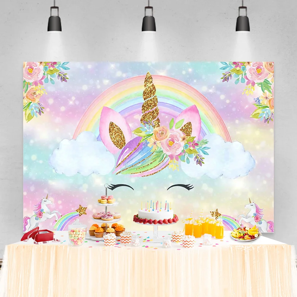 

Rainbow Backdrops For Photo Unicorn Birthday Party Flowers Dreamy Polka Dots Gold Star Customzied Banner Child Photo Backgrounds