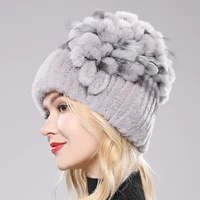 2025 Brand Women Genuine Rex Rabbit Fur Hats Winter Rex Rabbit Fur Beanies Striped Top Flower Fox Fur Warm Real Fur Knit Caps 2
