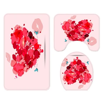 

Bathroom Set Heart Pattern Waterproof Shower Curtain Toilet Cover Mat Non Slip Rug