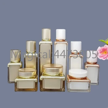 

10pcs/lot 15/30/50ml Empty Gold/White Lotion/Emulsion Press Pump Airless Bottle Square Acrylic Face Cream Jar Makeup Container