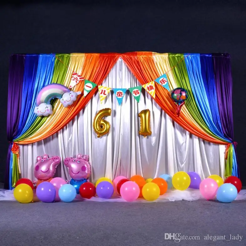 

3m*6m ice silk Wedding Backdrop with Rainbow Swags Backcloth Party Curtain Celebration Stage Performance Background wall