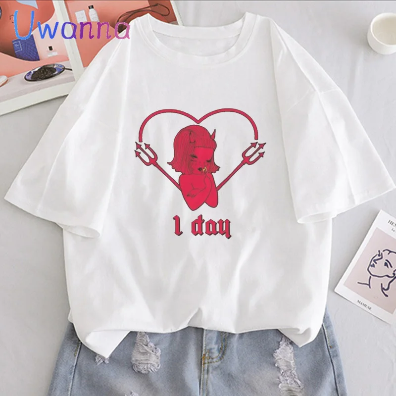 

Женские рубашки с забавным дьявольским ангелом, модная женская футболка с принтом, топы, мультяшная футболка с коротким рукавом, повседневная Летняя женская одежда