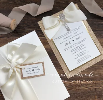 

Handmade DIY Wedding Cards with champagne Gold glitter with outer box