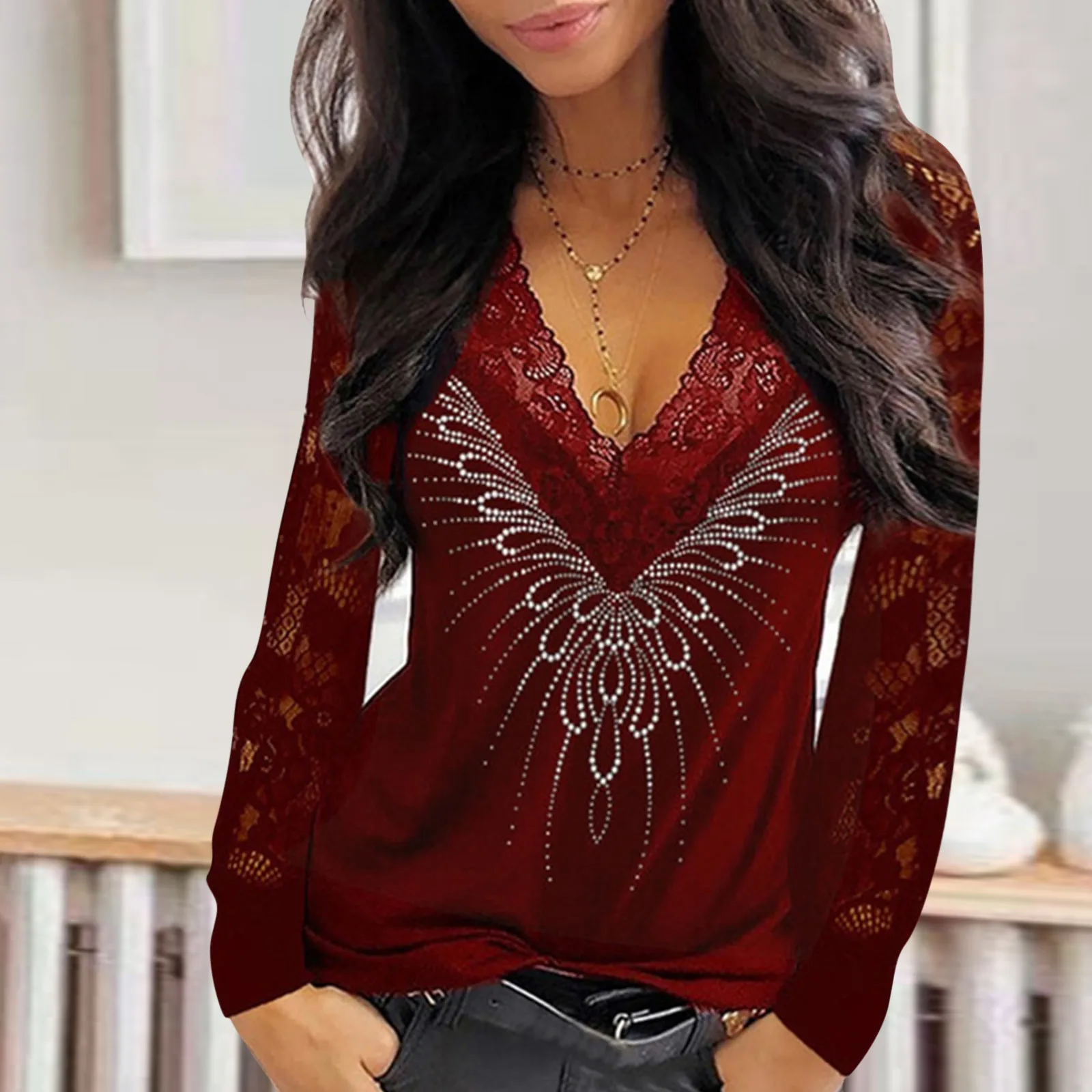 40# Women's Fashion Sexy Blouses Females Longe Sleeve Lace Blouses