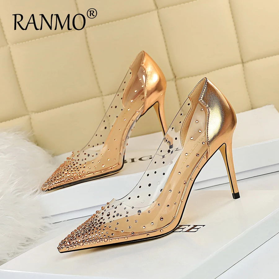 

2020 dating must-have high heels stiletto high heels shallow mouth pointed transparent hollow rhinestone party shoes