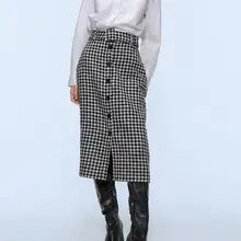 Зимняя прямая юбка с высокой талией, Женская однобортная клетчатая юбка с поясом, элегантные миди-юбки