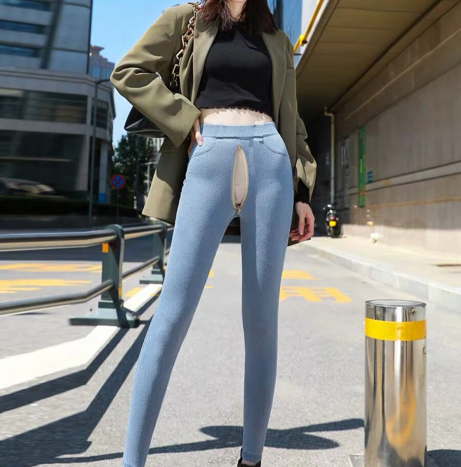 Outdoor Sex Pants Women Leggings Denim Trousers Skinny Strech Pencil Jeans Open Croch Double Zippers Tights Exotic Sexy Clothes