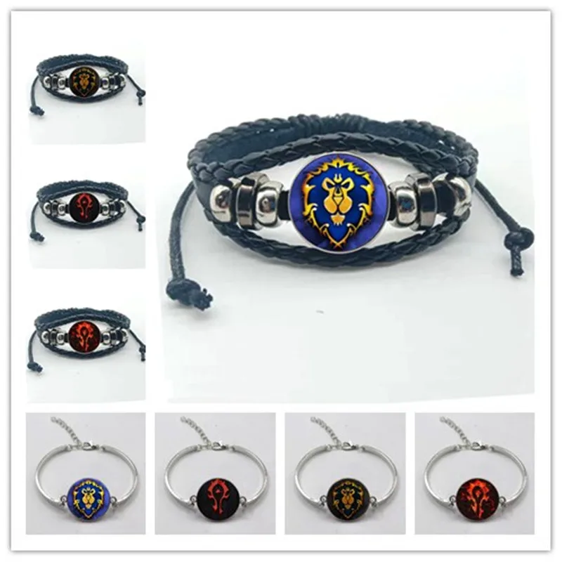 World of Warcraft кожаный браслет WOW Alliance Орда баннер флаг логотип стекло кабошон игровой браслет для геймера сувенир подарок