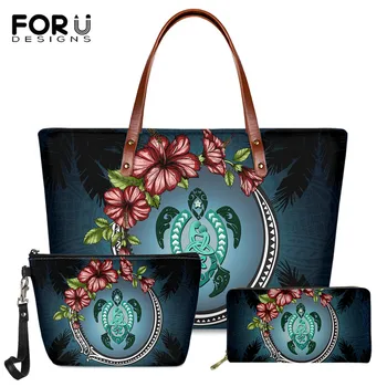 

FORUDESIGNS Luxury Ladies Shoulder Bag 3set Hawaii Turtle Polynesian Tribal Hibiscus Plumeria Pattern Women Fashion Handbag 2020