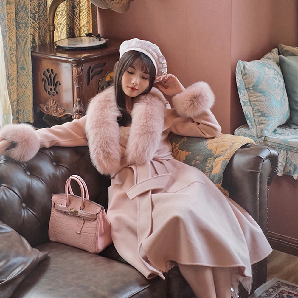 JAZZEVAR-Women's Elegant Winter Coat, Natural Fox Fur Jacket, X-Long Cashmere, Double-faced Wool Outerwear, Ladies Coats, Luxuri
