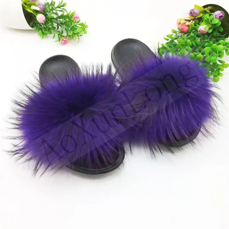 Purple ; тапочки с мехом енота; женские модные разноцветные плюшевые шлепанцы; женские пушистые шлепанцы; женские меховые шлепанцы; меховые сандалии - Цвет: Purple