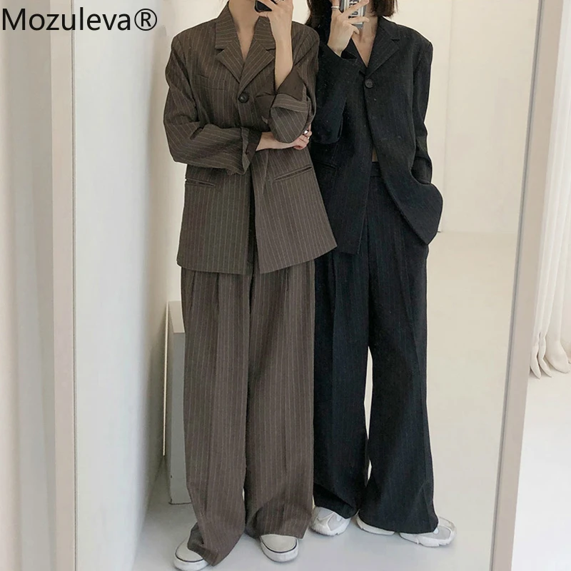 

BornSra 2020 Streetwear Two Pieces Set Casual Striped One Button Women Blazer Set Loose Pant Suits Female Women Trouser Suit
