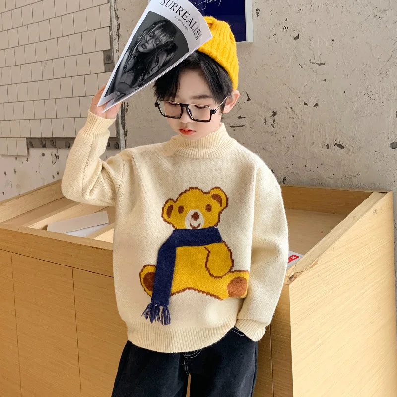 

Boys Sweater Thicken Plus Velvet Tops 2021 Bear Warm Winter Autumn Knitting Fleece Cotton Pullover Baby Kids Children Clothing