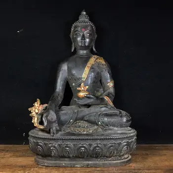 

11"Eastern Three Saints Bronze Gilt gold pharmacist Liuliguangrulai Buddha Statue Disaster relief and longevity medicine Buddha