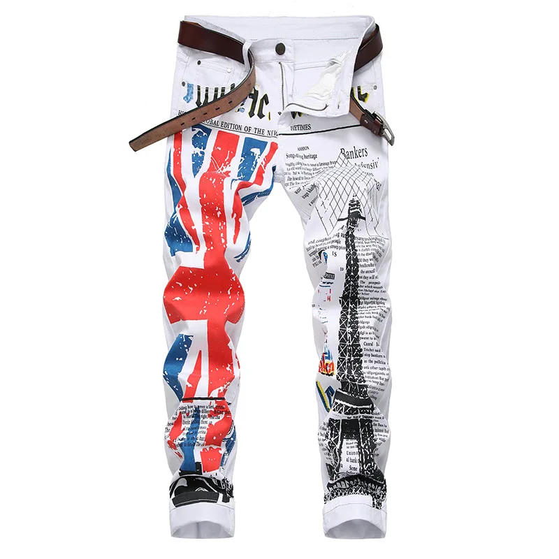 

2019 Men's Paris Tower Printing Jeans British flag Pants plus size Elastic Trousers Summer Splice Light Casual British Denim