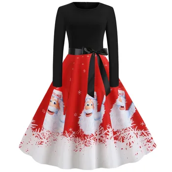 

Plus Size Women Christmas Dress 2019 Winter Long Sleeve Red Print 50S 60S Vintage Party Dresses Robe Femme Vestidos De Fiesta