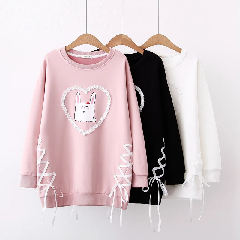 

Autumn Korea Kawaii Cotton Fleece O-neck Women Teens Girl Harajuku Pink Bunny Cartoon Printed Full sleeve Pullover with Ribbon