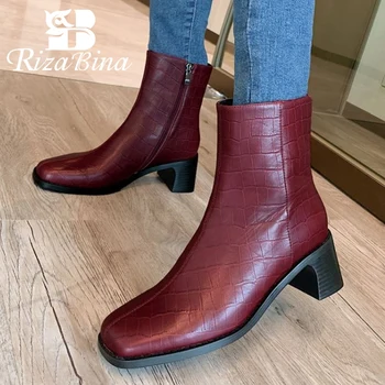 

RIZABINA Women Short Boots Real Leather Stone Pattern Zipper Women Winter Shoes Fashion Ladies Ankle Boots Women Size 34-39