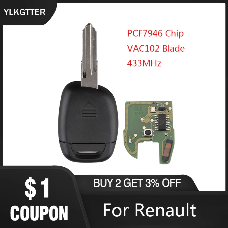 YLKGTTER 433MHz Remote Car key For Renault Master Clio Twingo Kangoo with Transponder PCF7946 Chip & VAC102 Blade | Автомобили и