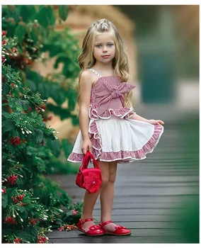 

Girls Summer Two Pieces Set Children's Big Bow Lattice Off shoulder Suspenders Tie Tops + Pleated skirt Pants Baby Cotton Set