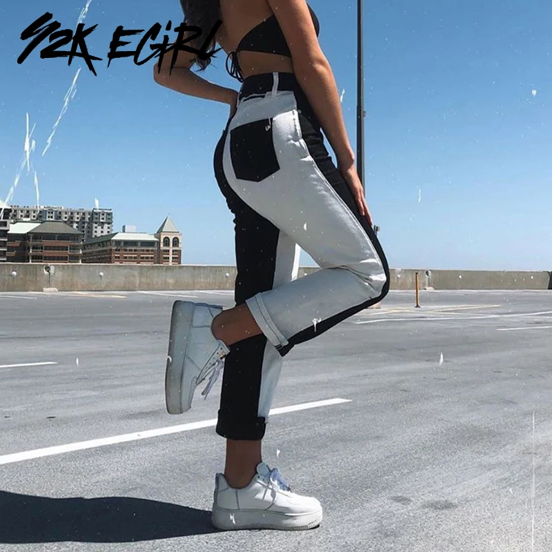 

Y2K EGIRL Patchwork Demin Straight Pants Autumn Casual Slim Pancelled High Waist Long Jeans with Pockets 90s Streetwear Women