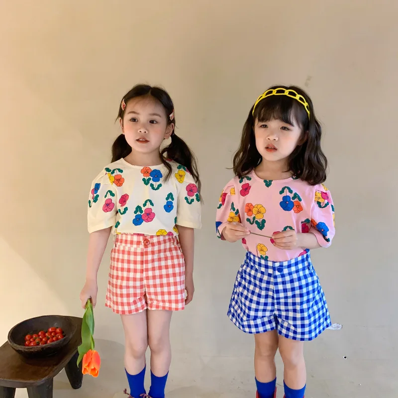 2022 Summer girls cotton floral short sleeve T shirts 1-7 years kids children backless loose casual Tops