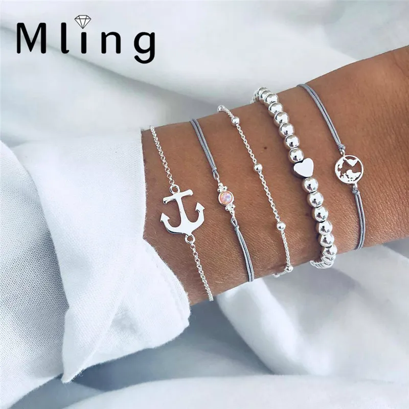 Mling 5 шт./компл. Винтаж опалы браслет в виде сердца комплект для Для женщин Boho карта