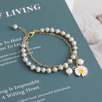 

Coeufuedy Real Natural Freshwater Pearl Bracelets for Women Party Gift Grey/White Pearl 5-6mm Trendy Daisies Original Design