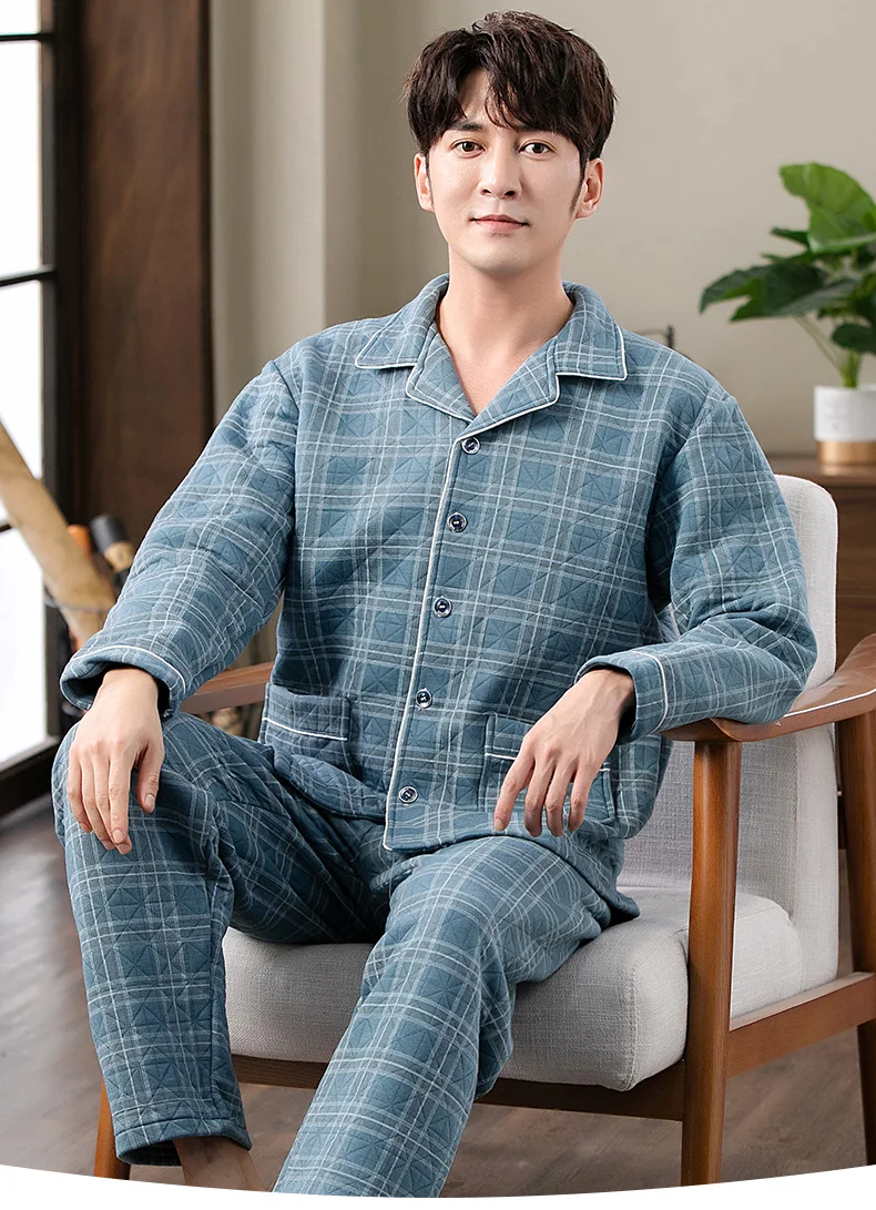 pajama joggers Winter Keep Warm Thin Quilted Pajama Sets for Men Long Sleeve Air Cotton Interlayer Sleepwear Loungewear Homewear Home Clothes custom pajama pants