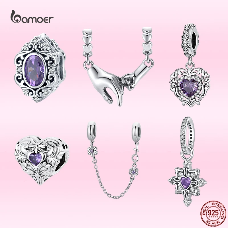 Bamoer 925 Sterling Silver Women Classic Purple Heart Love Pendants Charm Beaded fit Original Bracelet Bangle DIY Jewelry Gift rings