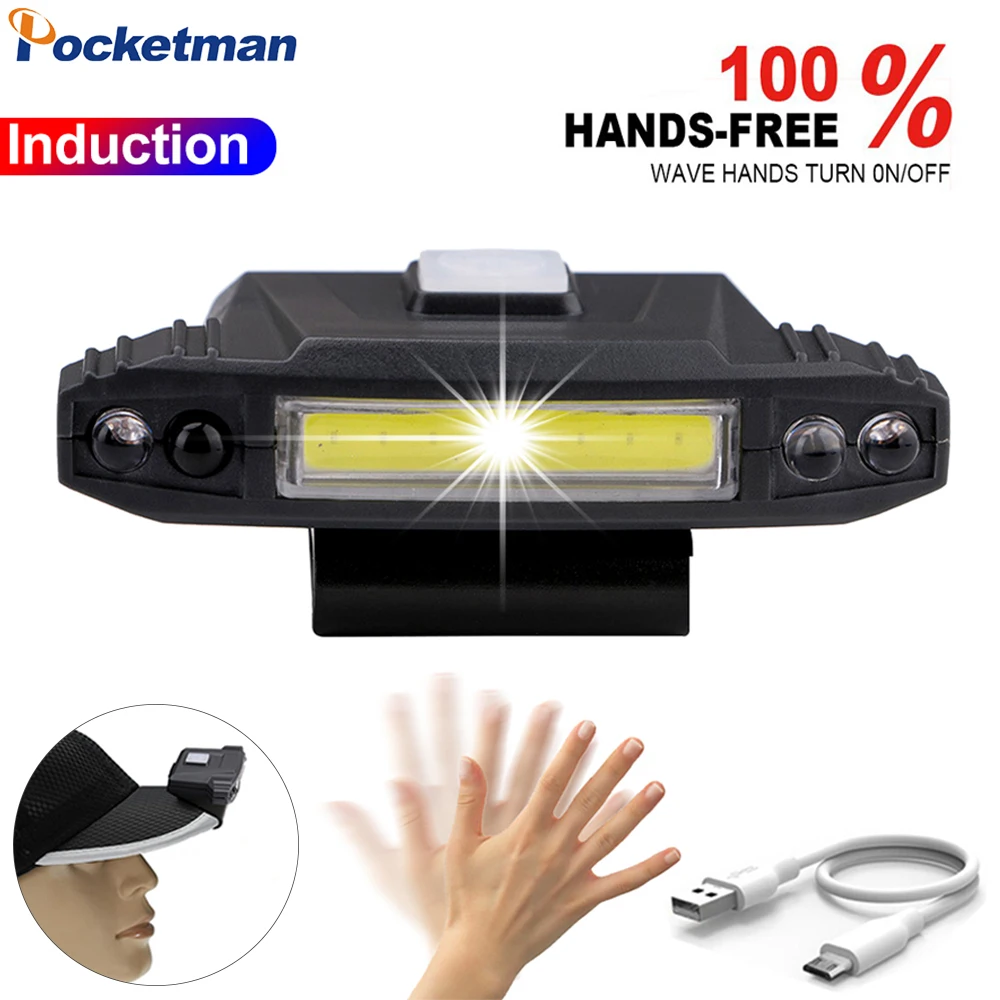 

COB LED Headlight Motion Sensor Headlamp USB Rechargeable Head Lamp Induction Hat Clip Light Head Light with Built-in Battery