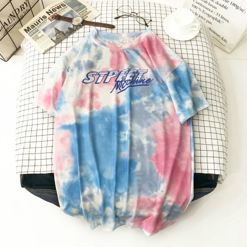 Tie-dye Summer T Shirt Women 2020 Letter Printed Female White Tee Tops O-Neck Oversize Tees Short Sleeve Femme Shirt L0478
