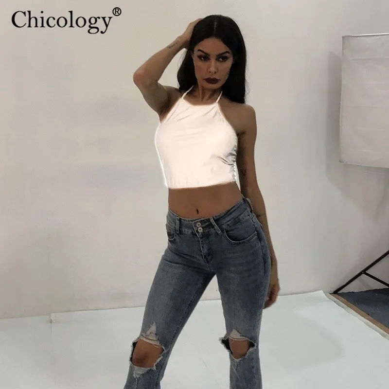 Chicology светоотражающий Холтер harajuku crop camis Топ летние женские без рукавов сексуальные Клубные женские уличные вечерние шорты