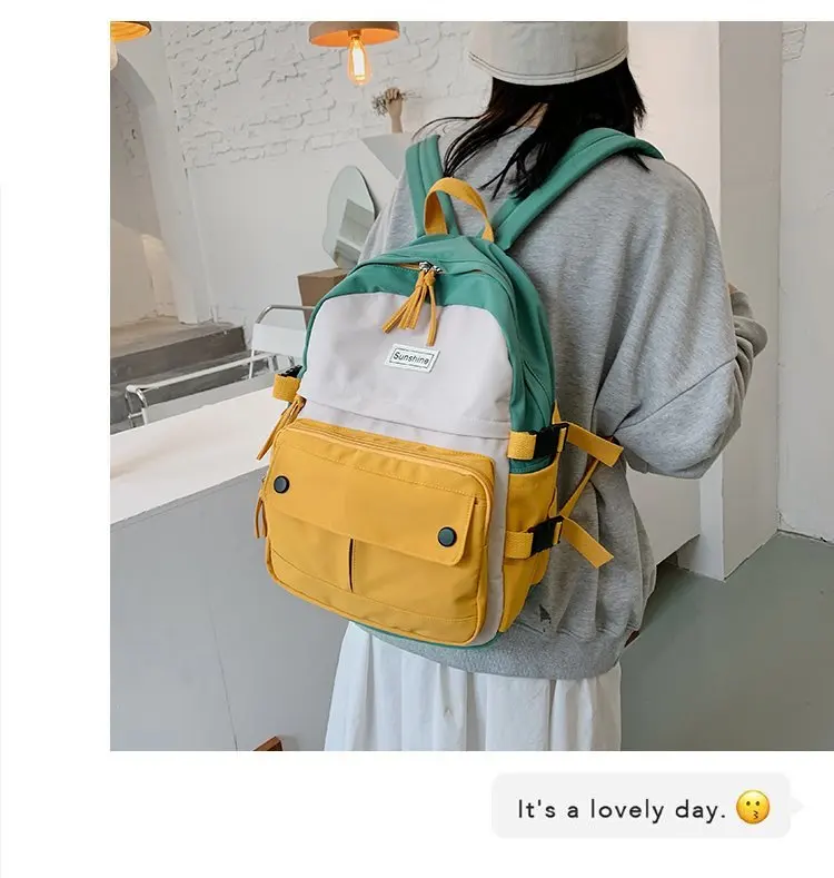 Stitching Contrast Women's Backpack Fashion Harajuku Cute Student Canvas School Bag Kawaii Girl Casual Travel Backpack Female