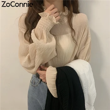 

Women Chiffon Blouses Lantern Sleeve Stand Collar Ruffles Korean Sweet Tops Elegant Spring Lace Shirts Ladies Blusas Femininas